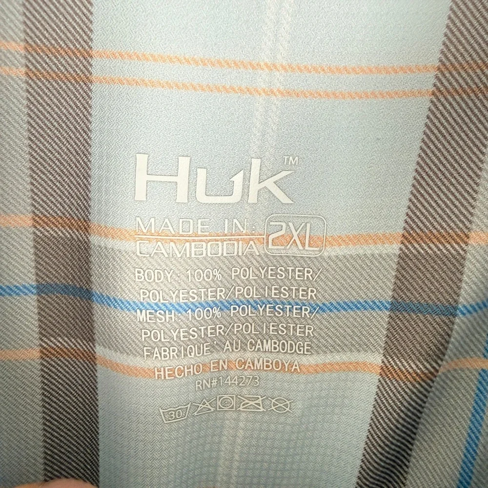 Huk Performance Fishing Shirt 2XL Blue Plaid Long Sleeve Button Down‎ Vented